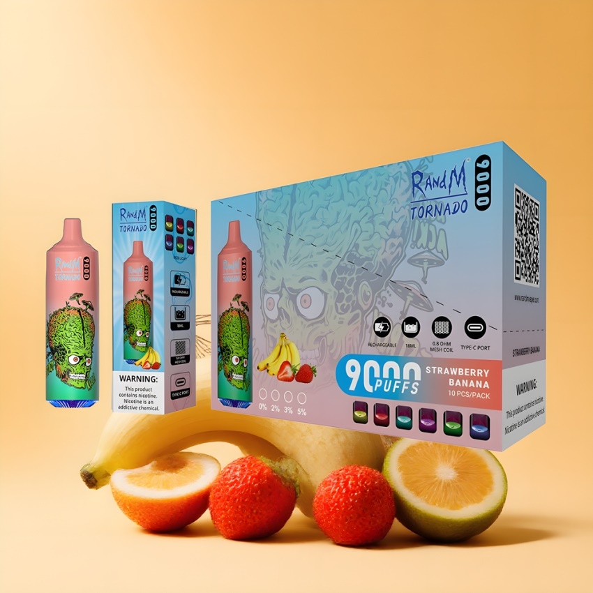 RandM Fumot Tornado 9000 Puffs Magyar Nagykereskedés Eper-Banan Mesh Coil