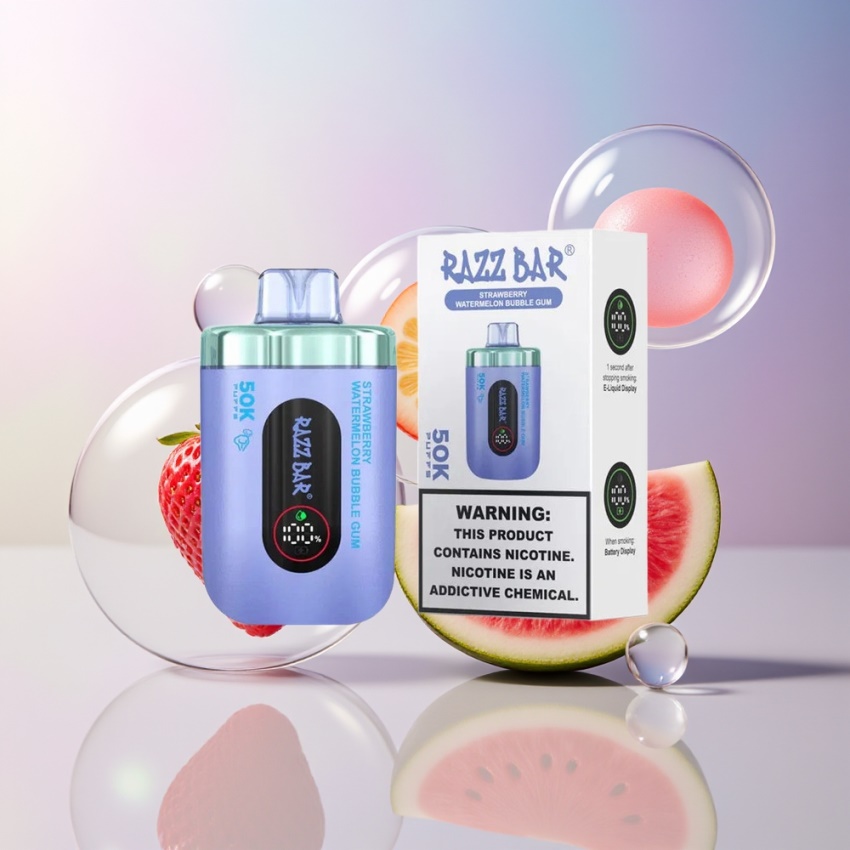 Razz Bar 50K Puff Magyar Nagykereskedés Erom e-Liquid Eper Dinnye Buborék Rágó 1.0 Ohm Mesh